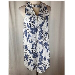 Dee Elly Floral Choker Neck Keyhole Shift Dress Small Blue White Sleeveless